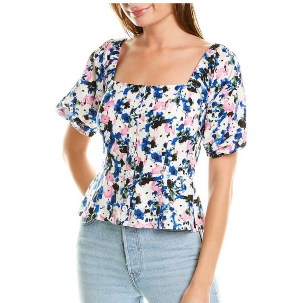 BCBGMAXAZRIA Floral Print Puff Sleeve Top,Size S
